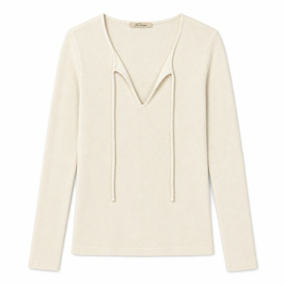 Les Serein Rio Tie Neck Lurex Knit Top Off-White Metallic Ribbed Long Sleeve M